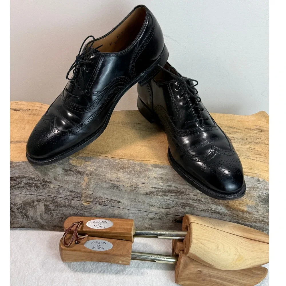 Johnston & Murphy Limited Mens 11 D Black Leather Wingtip Oxford Shoes 24-93210